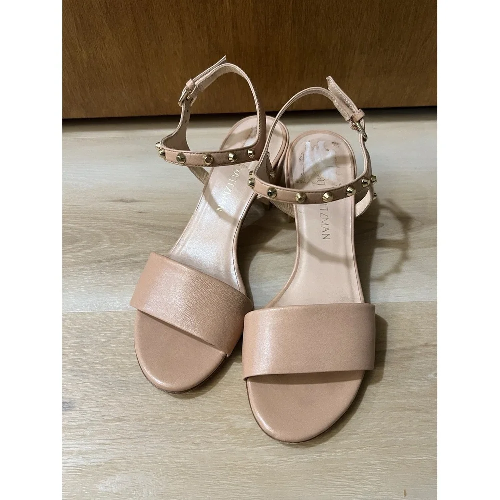 Stuart Weitzman Mygal Studded Italian Nappa‎ Leather Chunky Heeled Nude 6.5